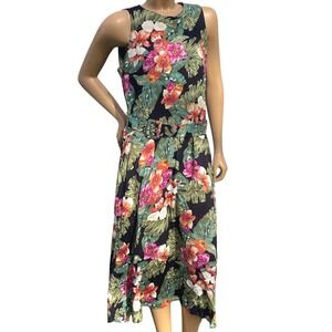 Vintage Caliche 90s Black Tropical Floral Sleeveless Belted Midi Dress 14